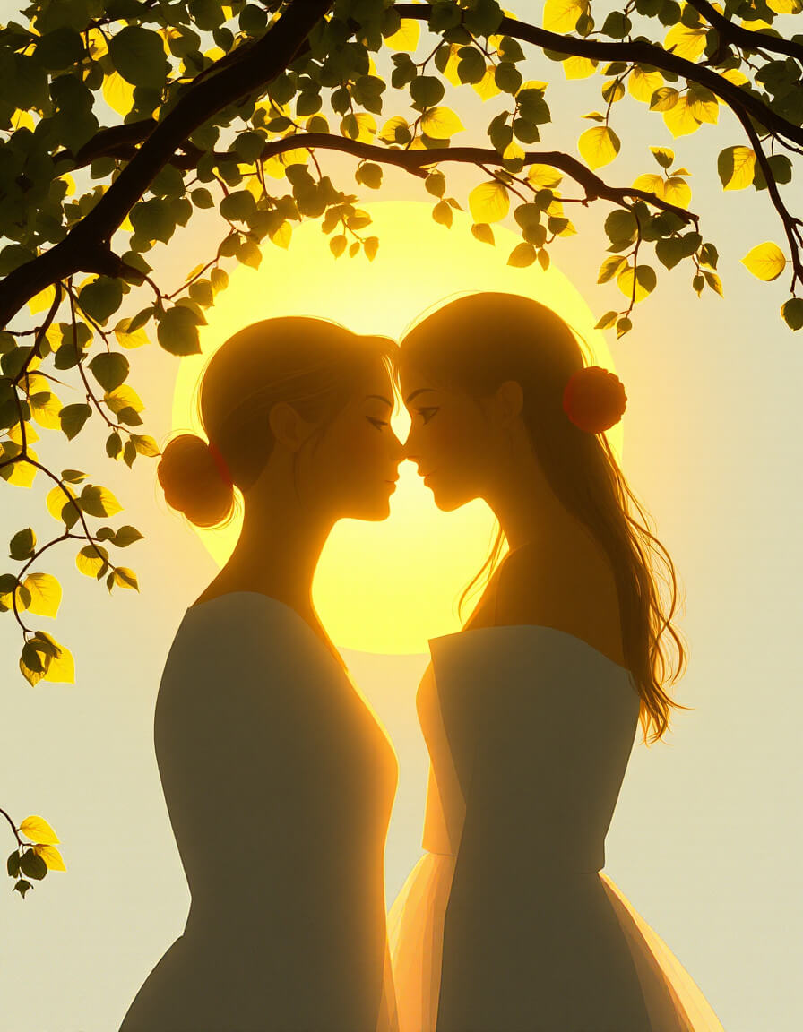 Two female silhouettes backlit in golden light