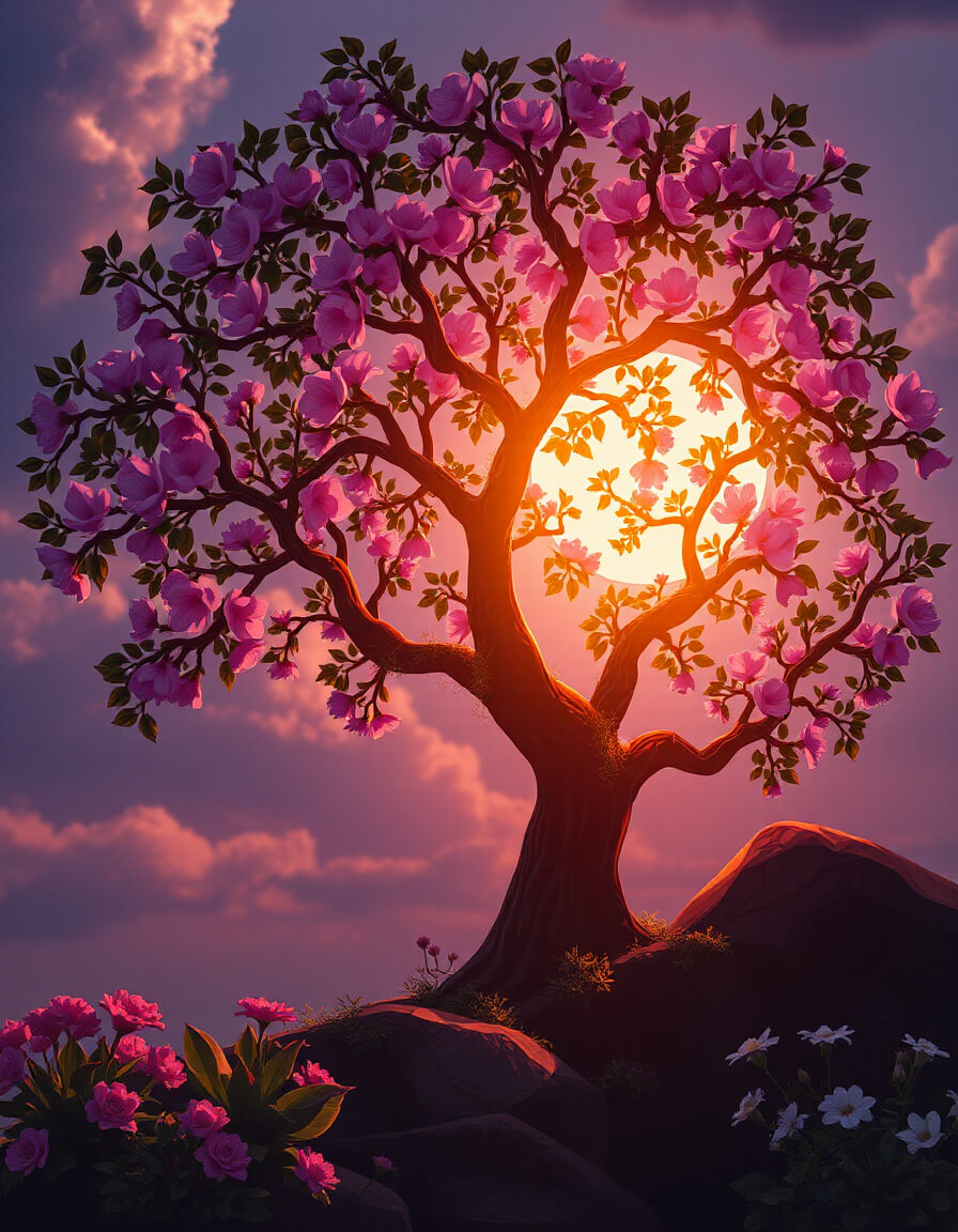 Pink tree at sunset, open branches, golden light