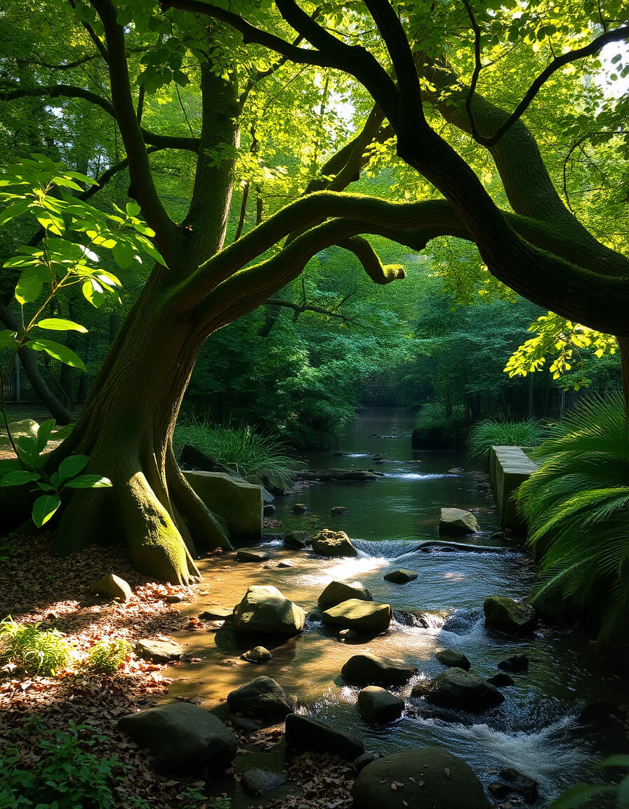 Tree and stream in the forest, green light, secret passage
