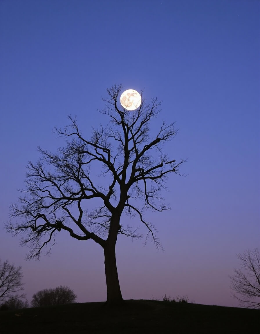 Bare tree dancing with the moon