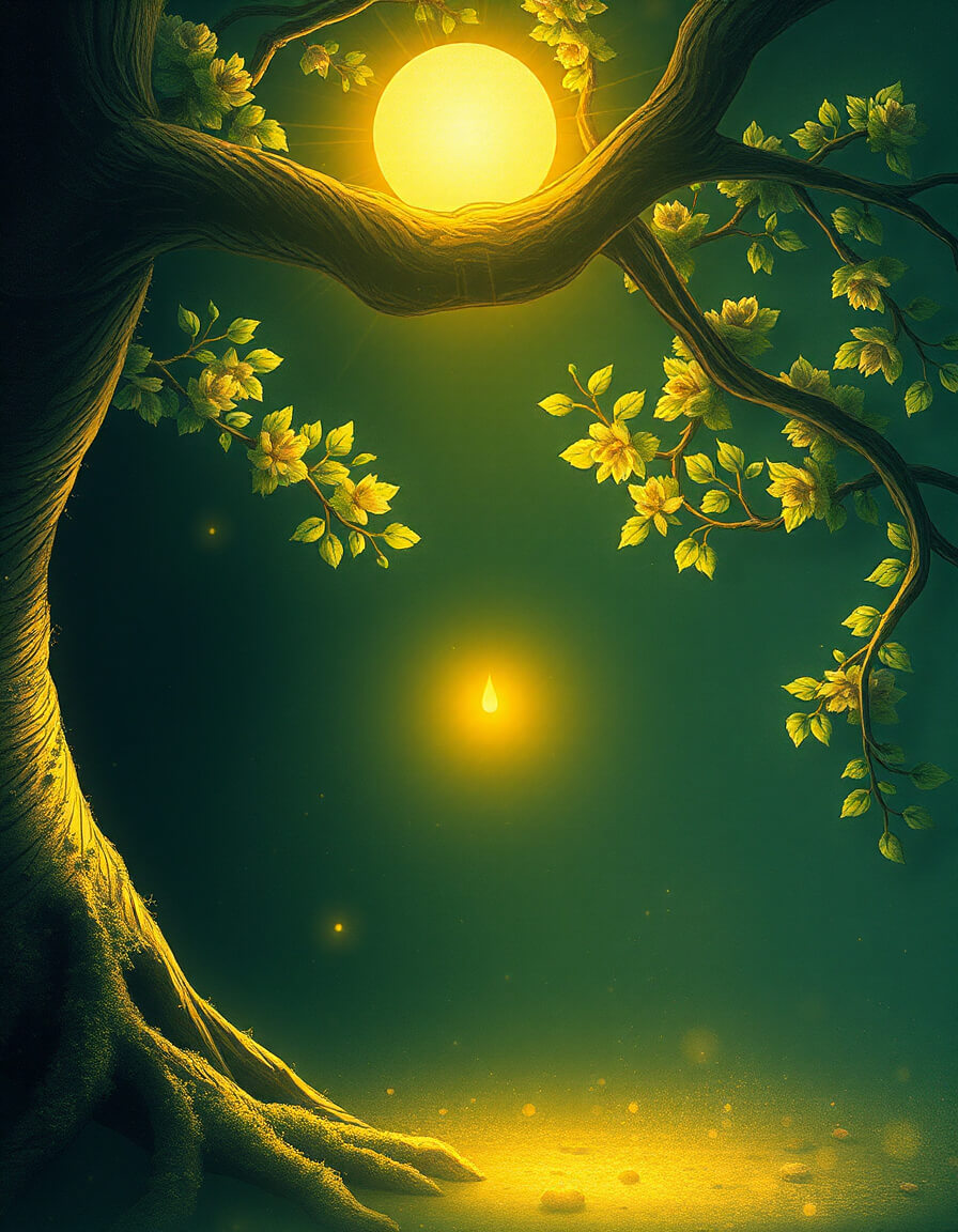 Majestic tree framing a sun and a floating flame