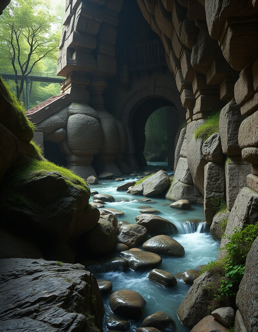 Stone arch over a river, green light and moss