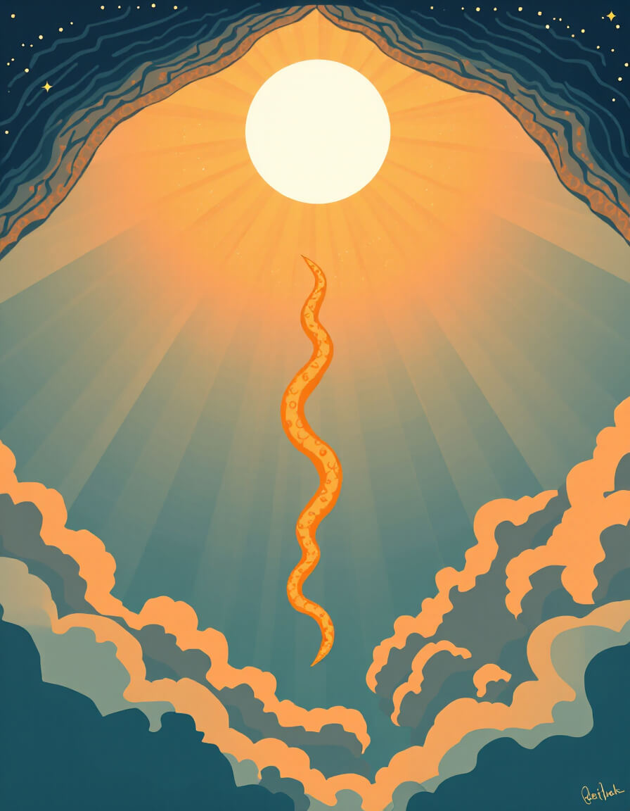 Golden serpent rising toward the sun in a celestial cave