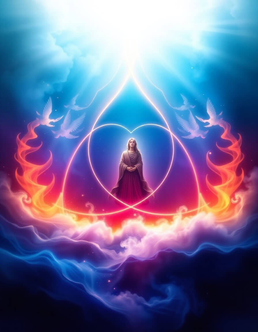 Haloed feminine figure, flames and doves, mystery and peace