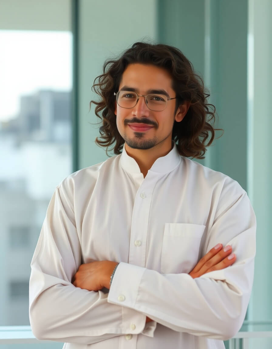 Kind presence, white shirt, gentle gaze