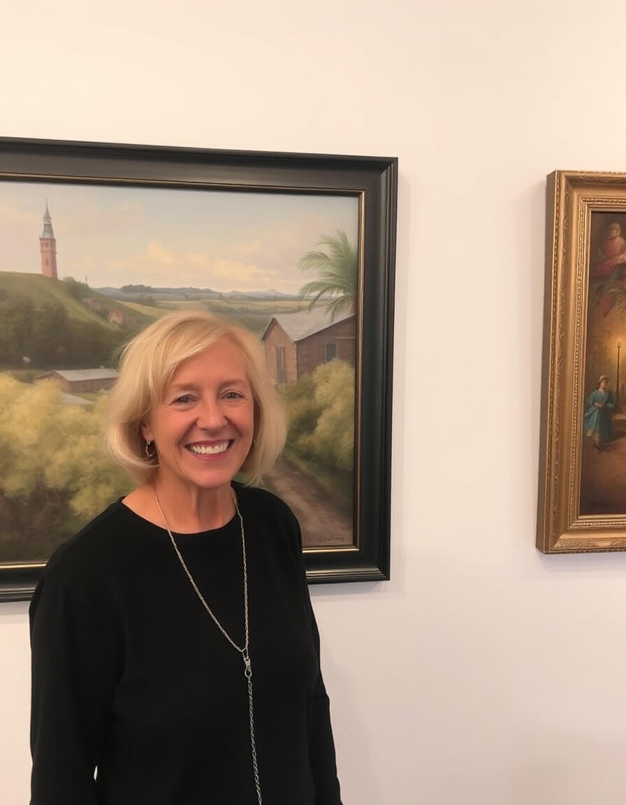 Smiling woman in front of paintings, warmth and welcome