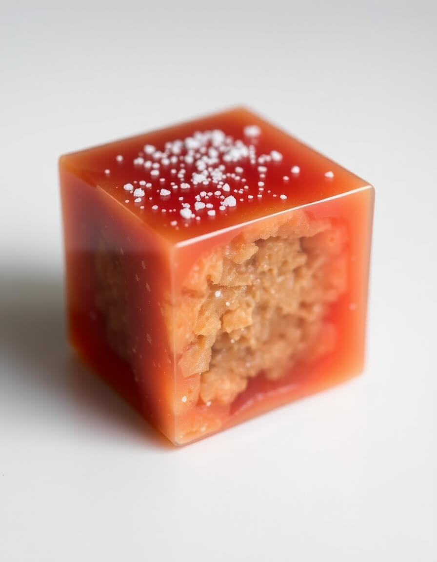 AI candy, translucent cube, mysterious core, salt on top