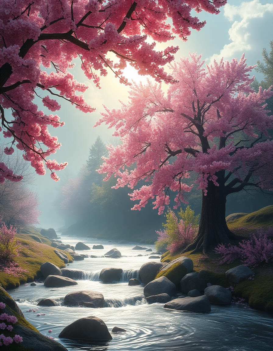 Cherry tree in bloom by a stream, light and gentle flow