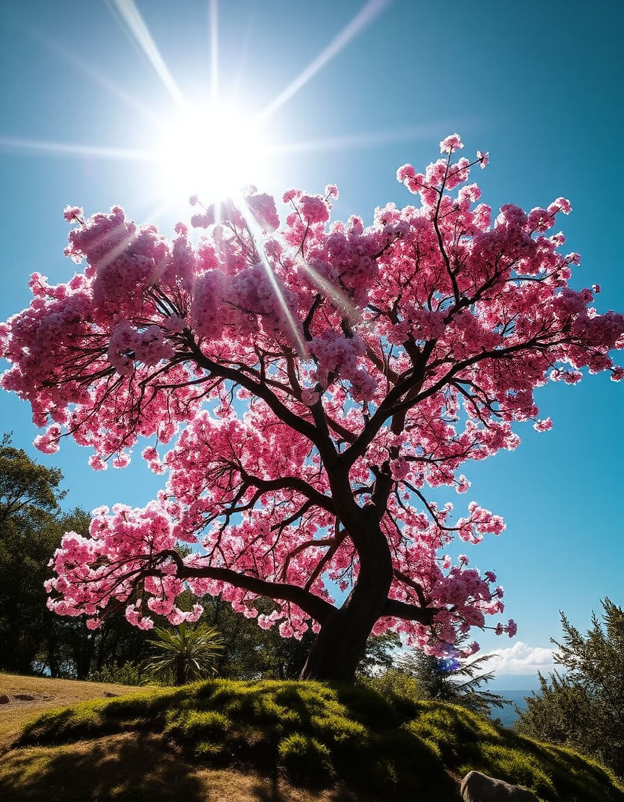 Pink cherry tree under the dazzling sun, explosion of light and life