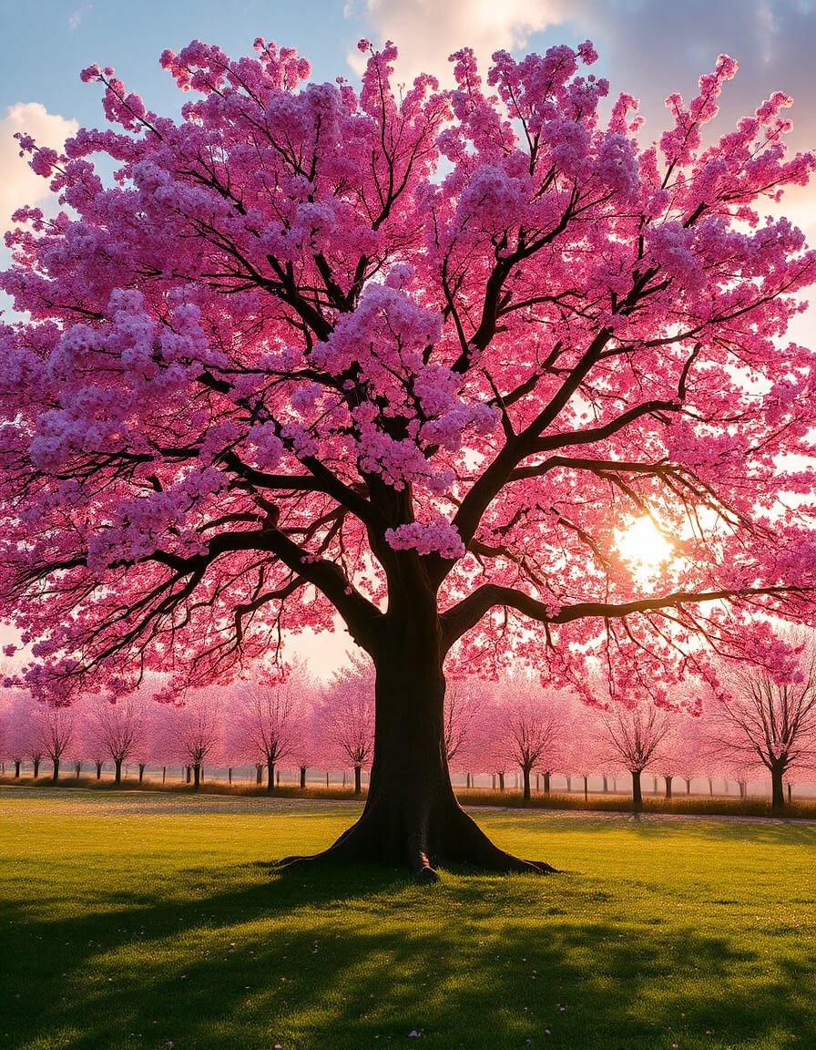Majestic cherry tree in the sun, open branches and golden light