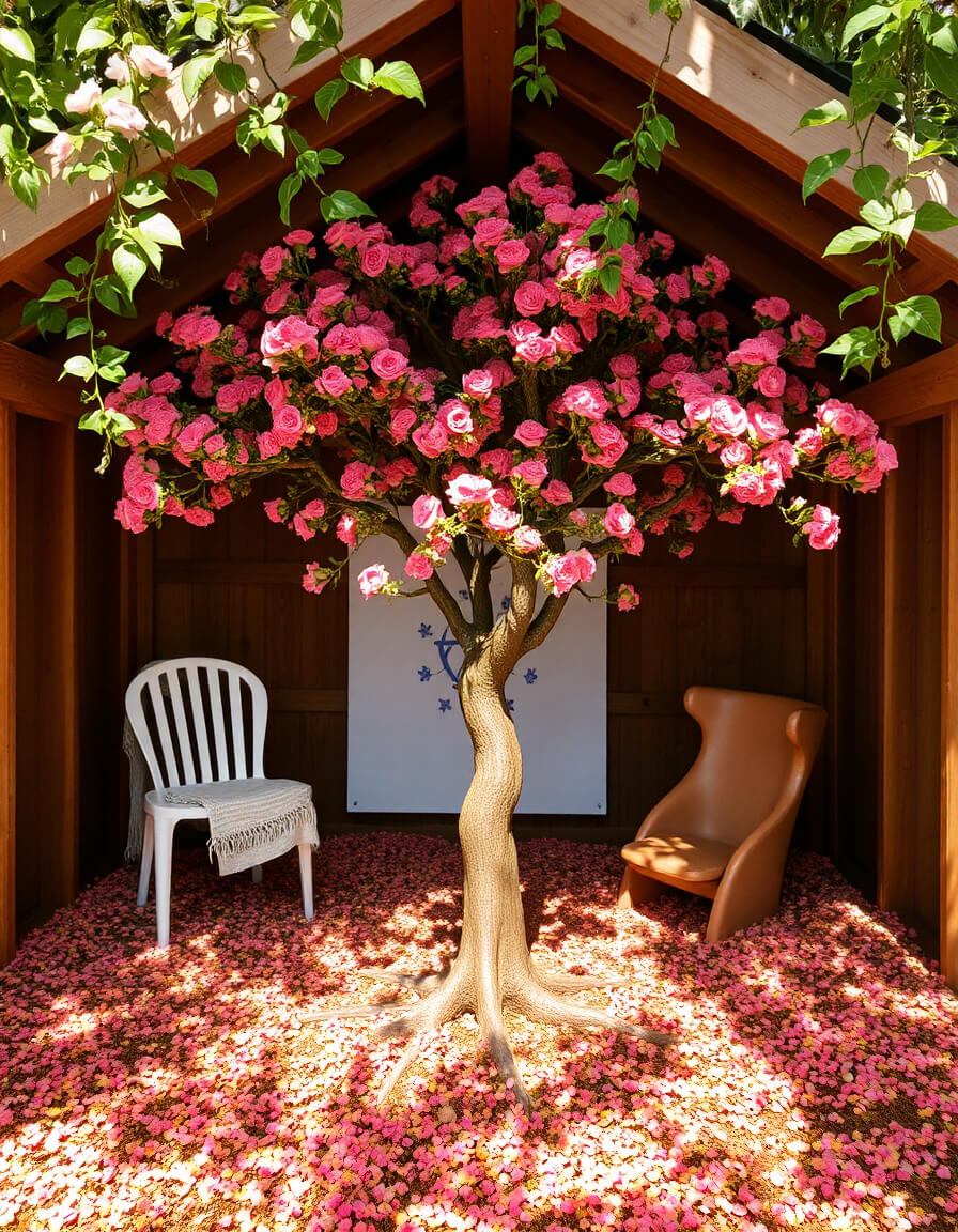 A golden cherry tree with pink flowers in a meditative space