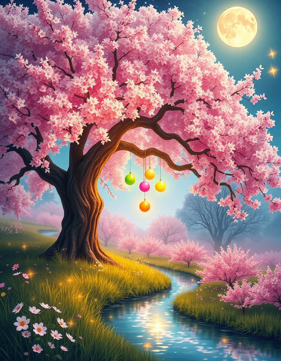 Fairy cherry tree, colored spheres and stream under the moon