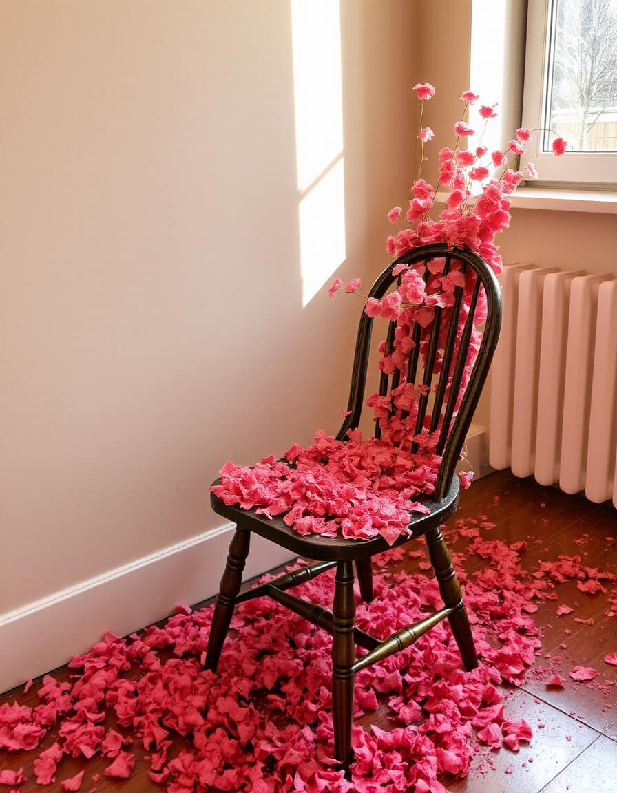 A black chair covered in pink petals
