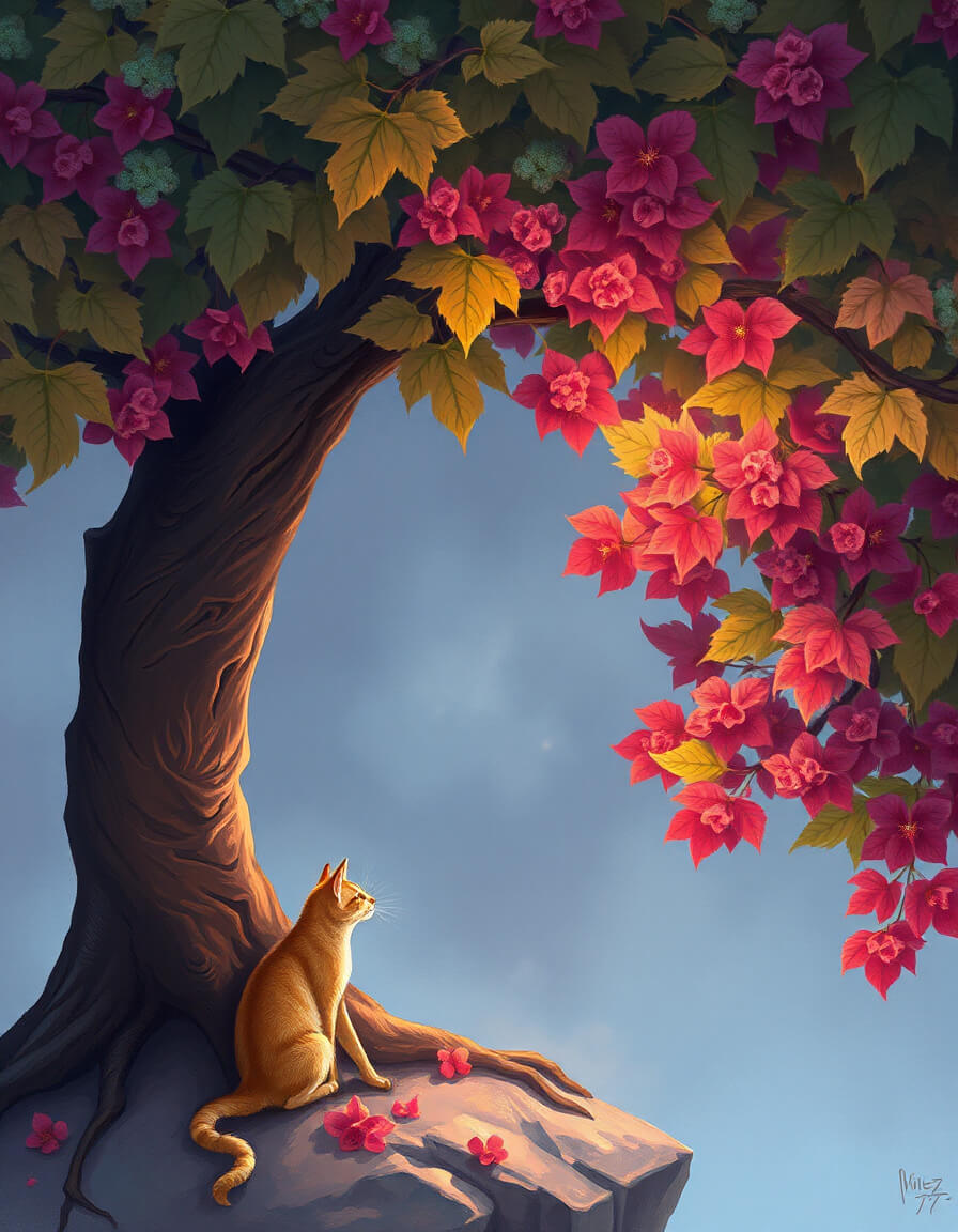 Cat under a blooming tree, contemplation and light