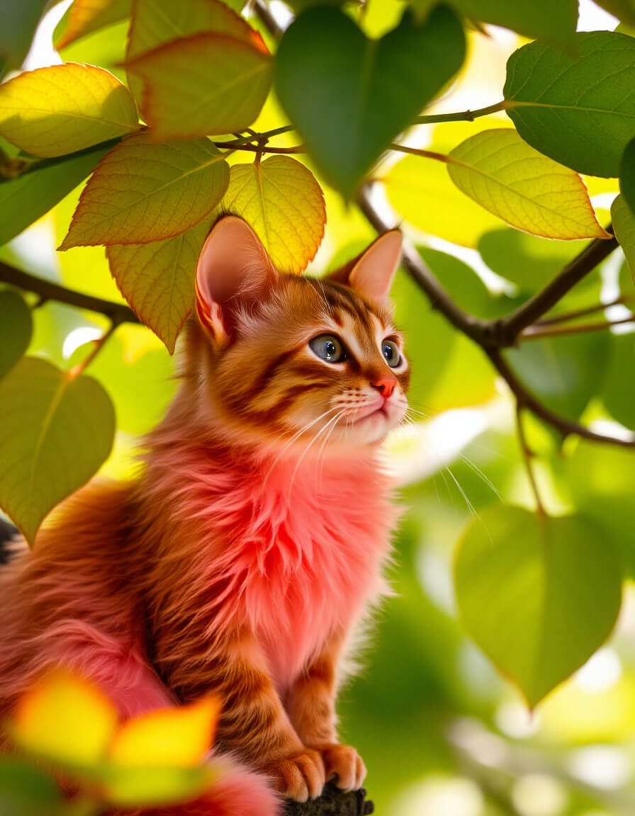 Flamboyant kitten under the leaves, golden light, curiosity
