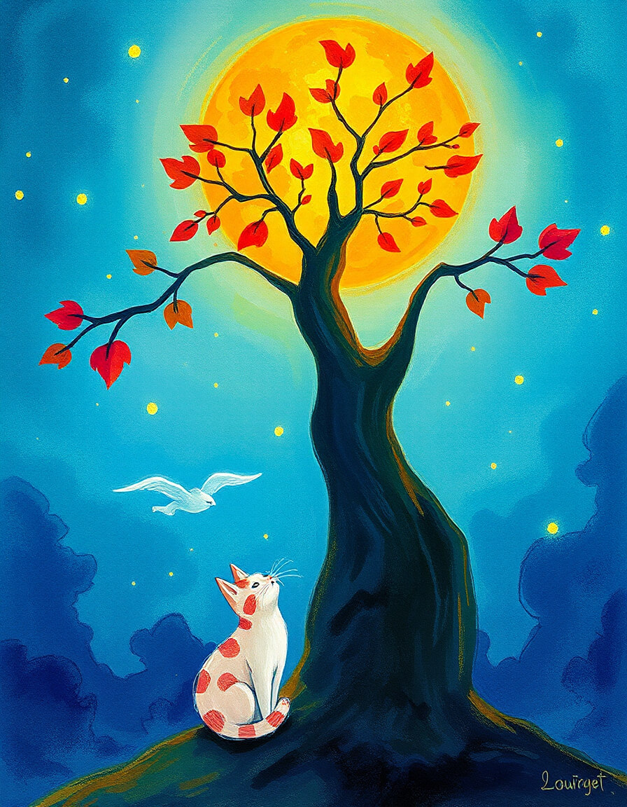 White cat under a tree in the moonlight, red leaves and white bird