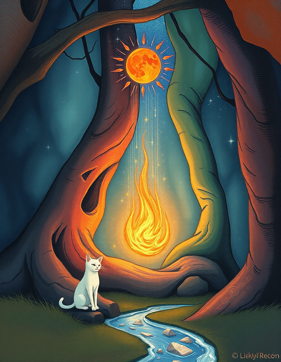White cat contemplating a mystical flame under the moon