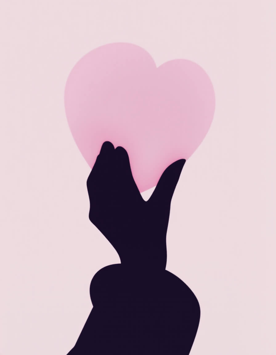 A dark silhouette holding a pink heart