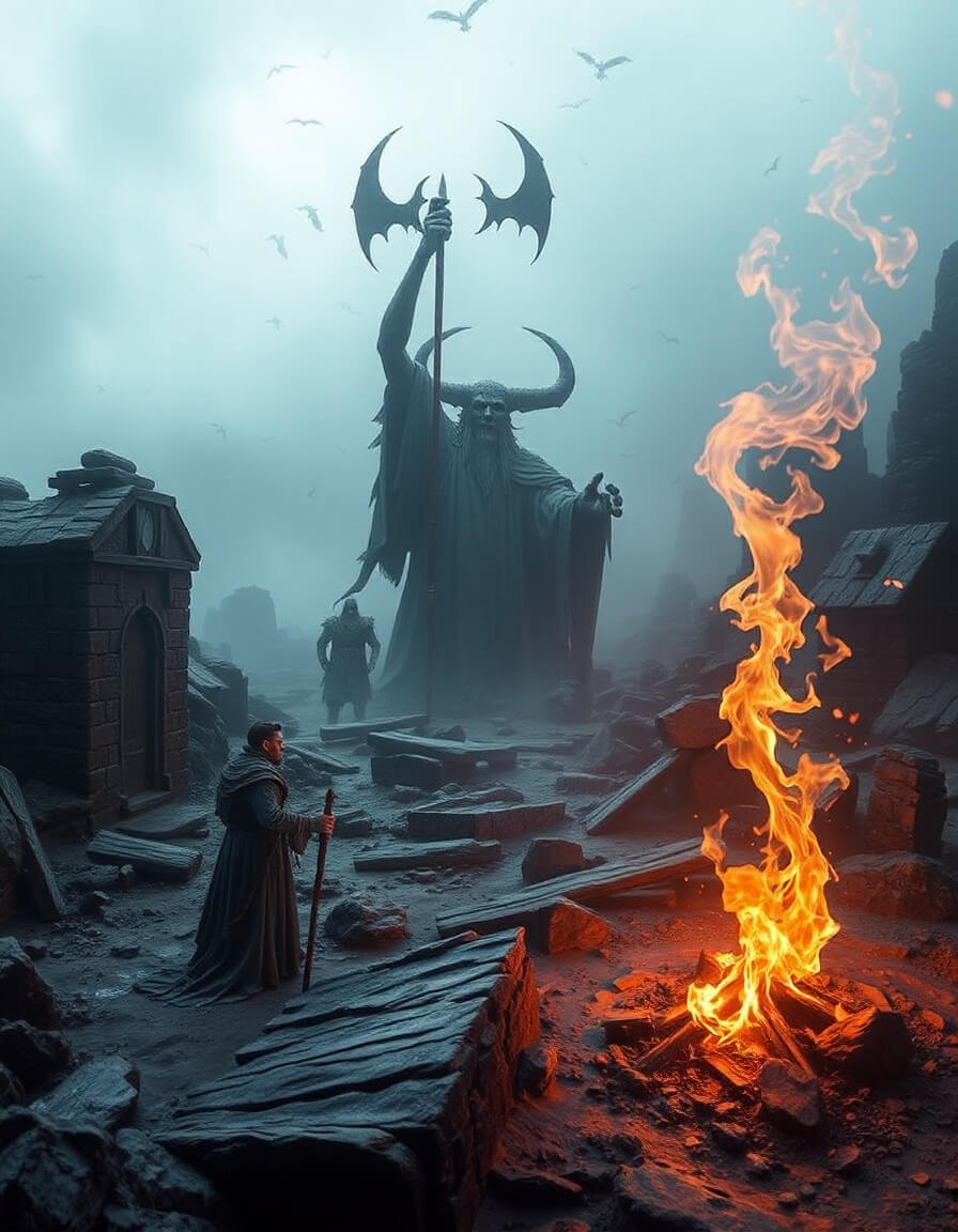 Pilgrim facing a mythical entity in a misty landscape