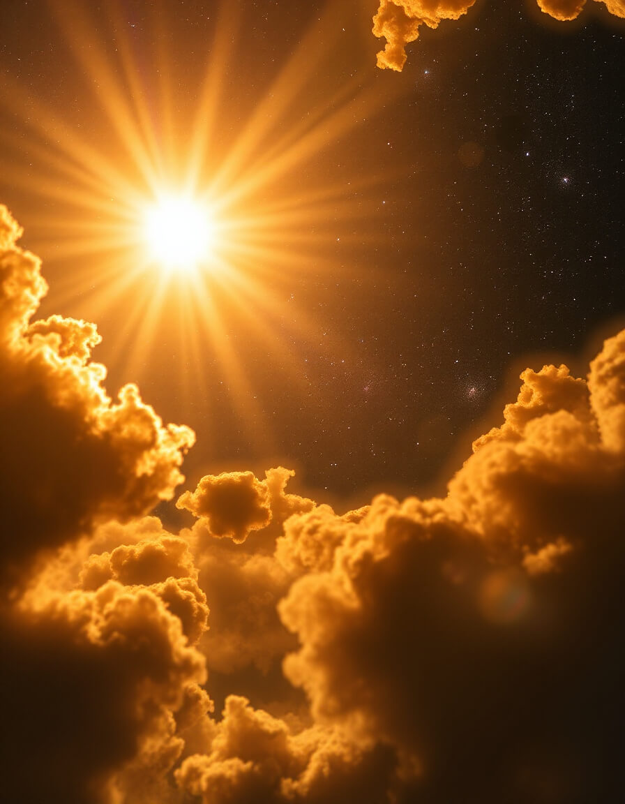 Radiant sun piercing through golden clouds