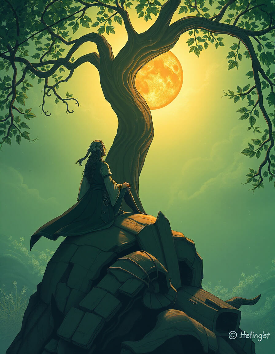 A silhouette contemplating the moon under a majestic tree