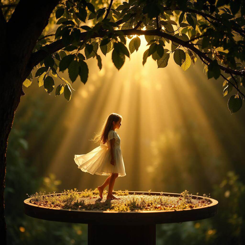 Girl in white dress, golden light under the trees, innocence