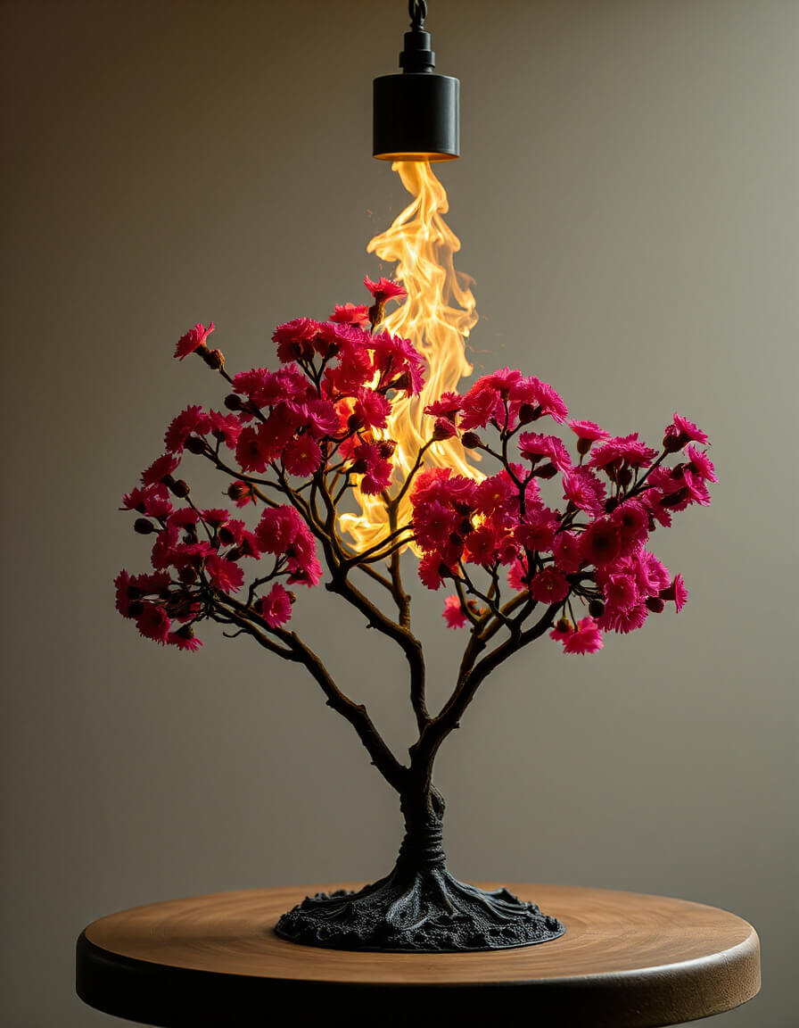 A tree of pink flowers with a golden flame