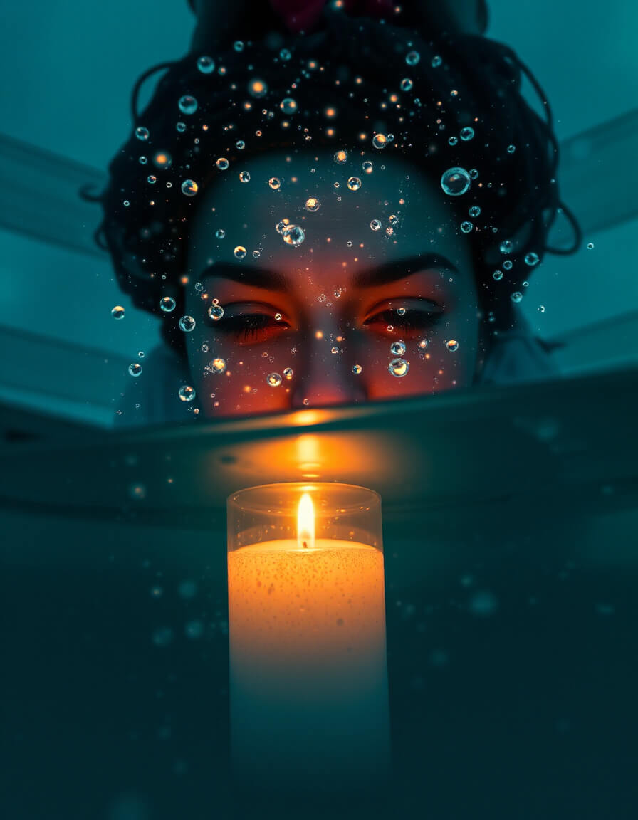 Face and flame underwater, bubbles of light