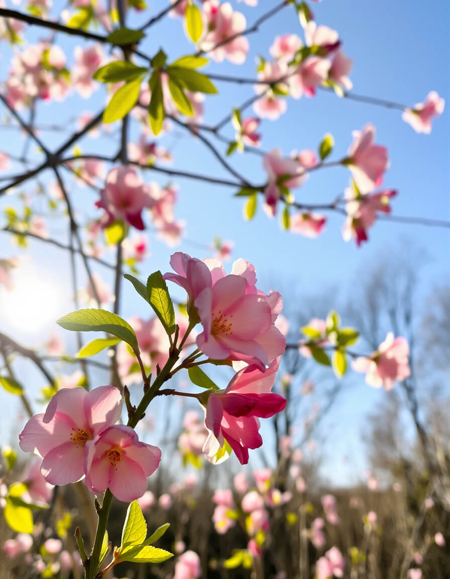 Close-up cherry blossoms, morning light, delicacy of the moment