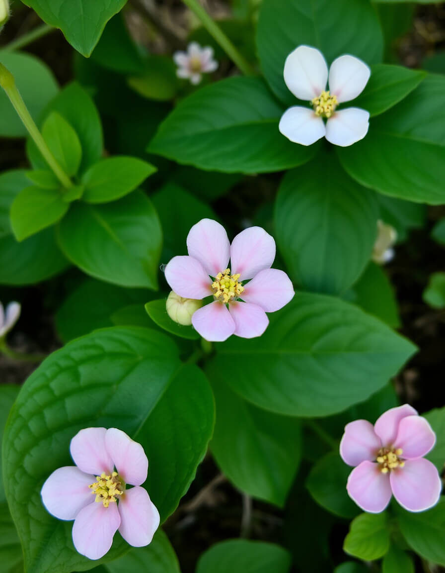 White and pink flowers, abundant foliage, living unity