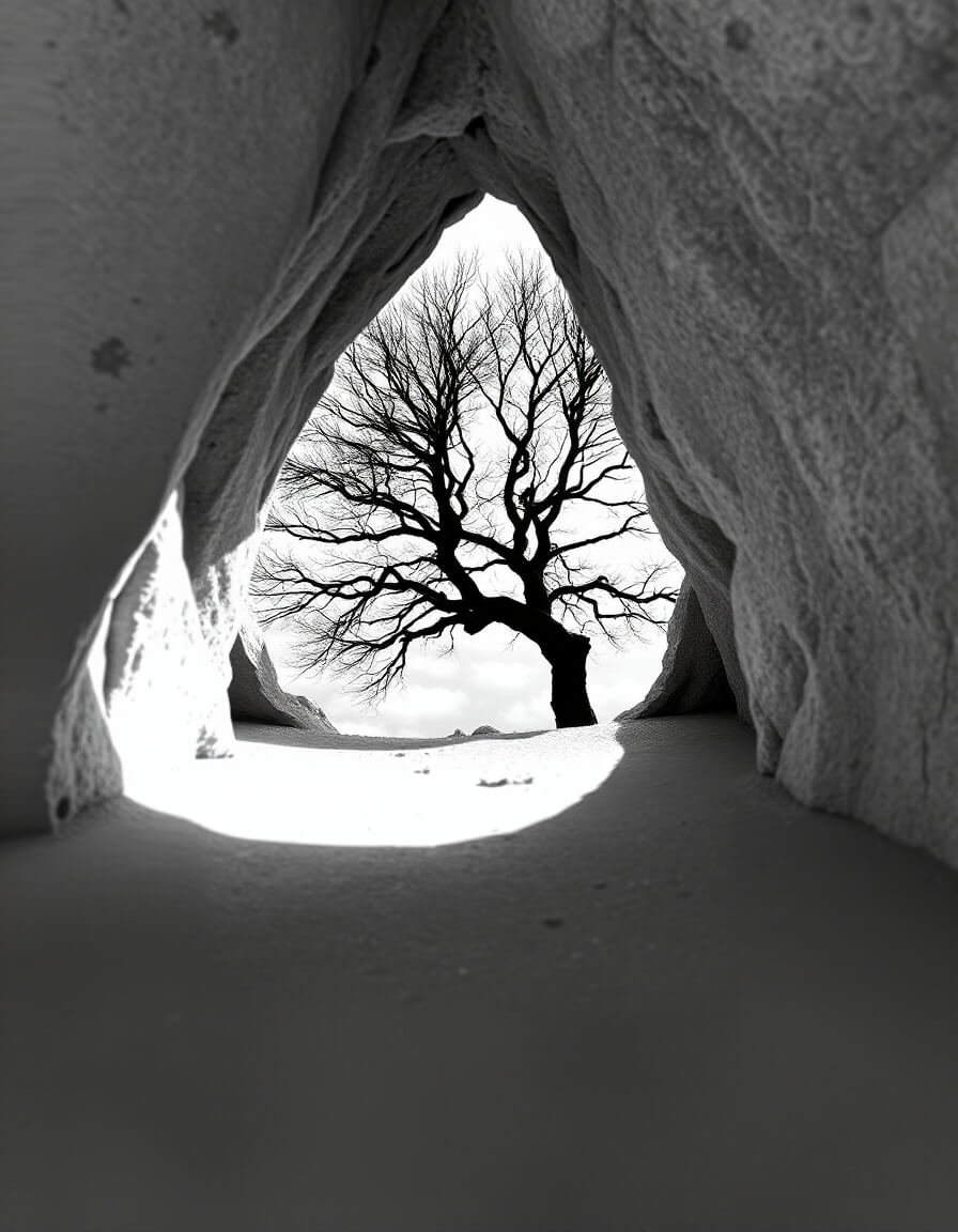 Bare tree seen through a cave, light and shadow