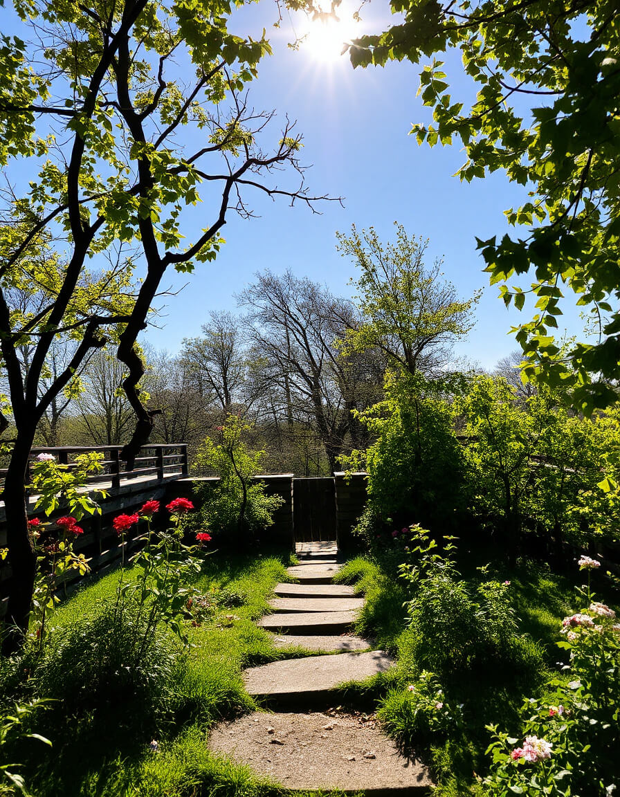 Garden, stone path, bright sun, open gate