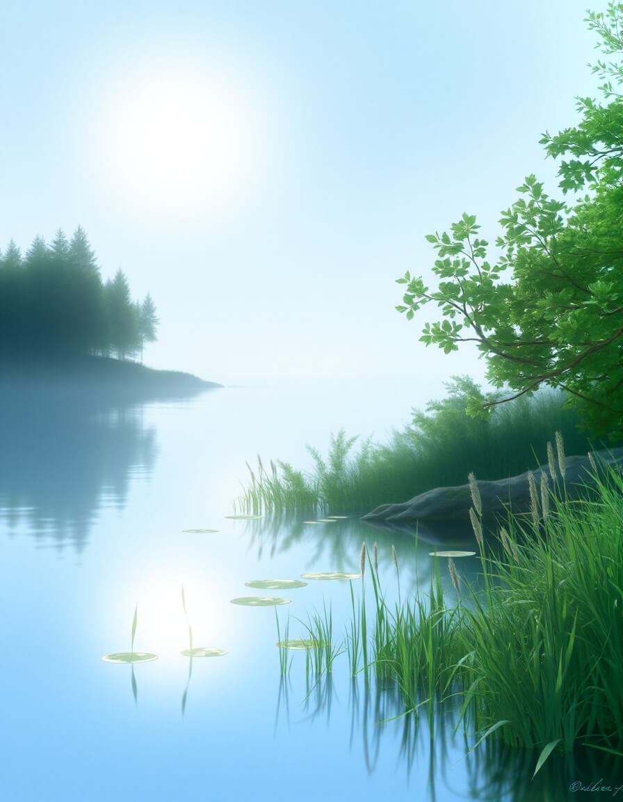 Morning lake, mist, water lilies, soft light