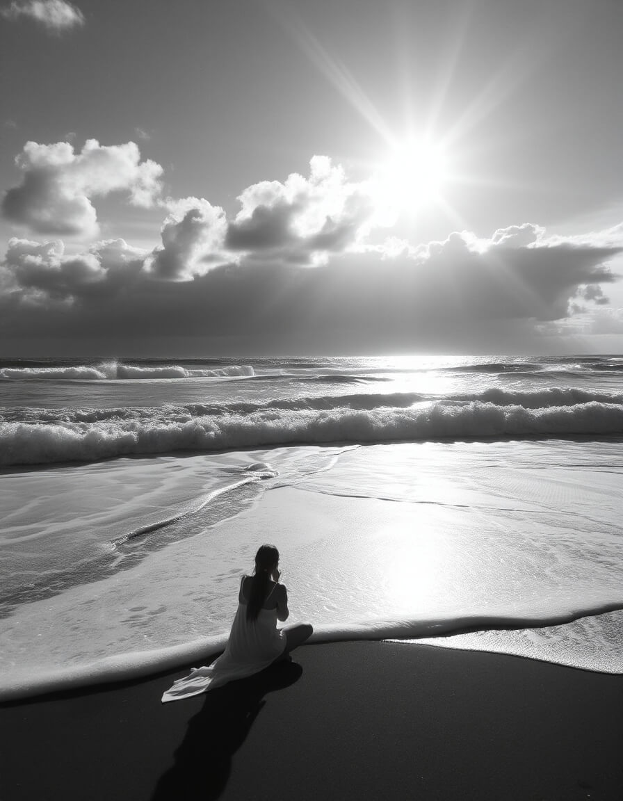 White-robed silhouette meditating by the ocean