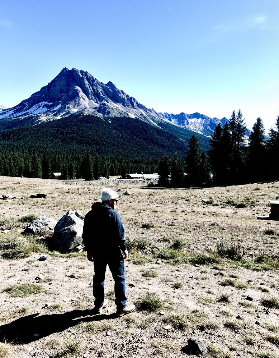 Man from behind facing the mountain, quest and contemplation