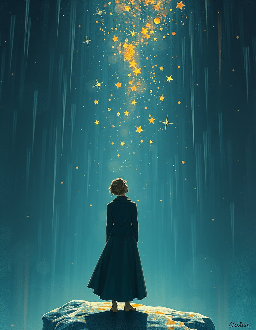 Silhouette contemplating a rain of golden stars