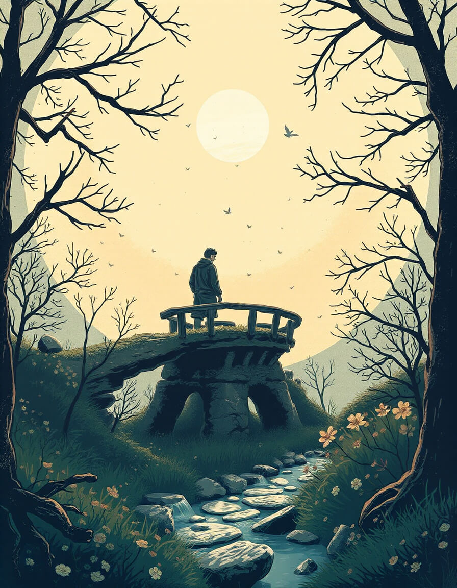Man on a bridge contemplating the river and the moon