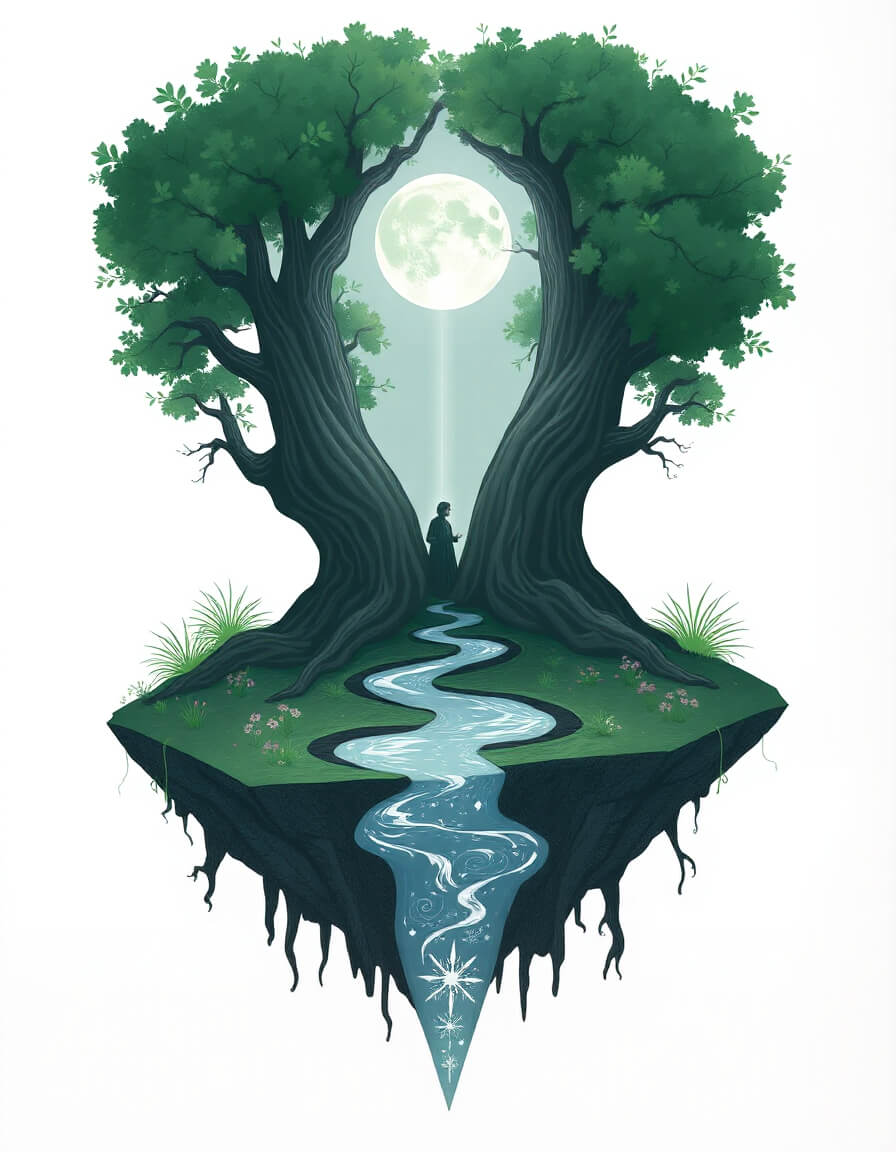Mystical portal between two trees under the moon