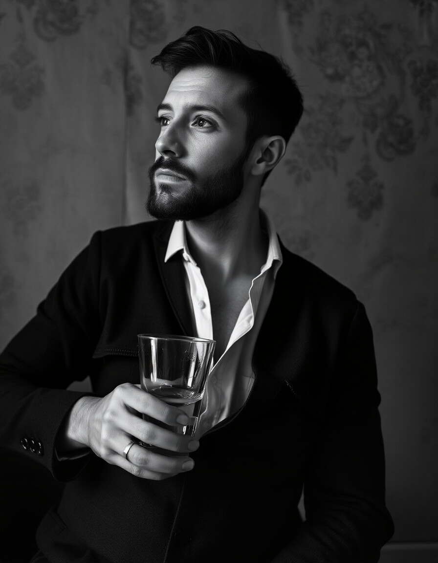 Elegant black and white portrait in chiaroscuro