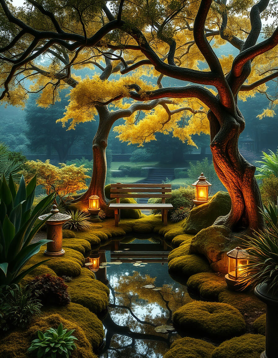 Autumn garden with lanterns