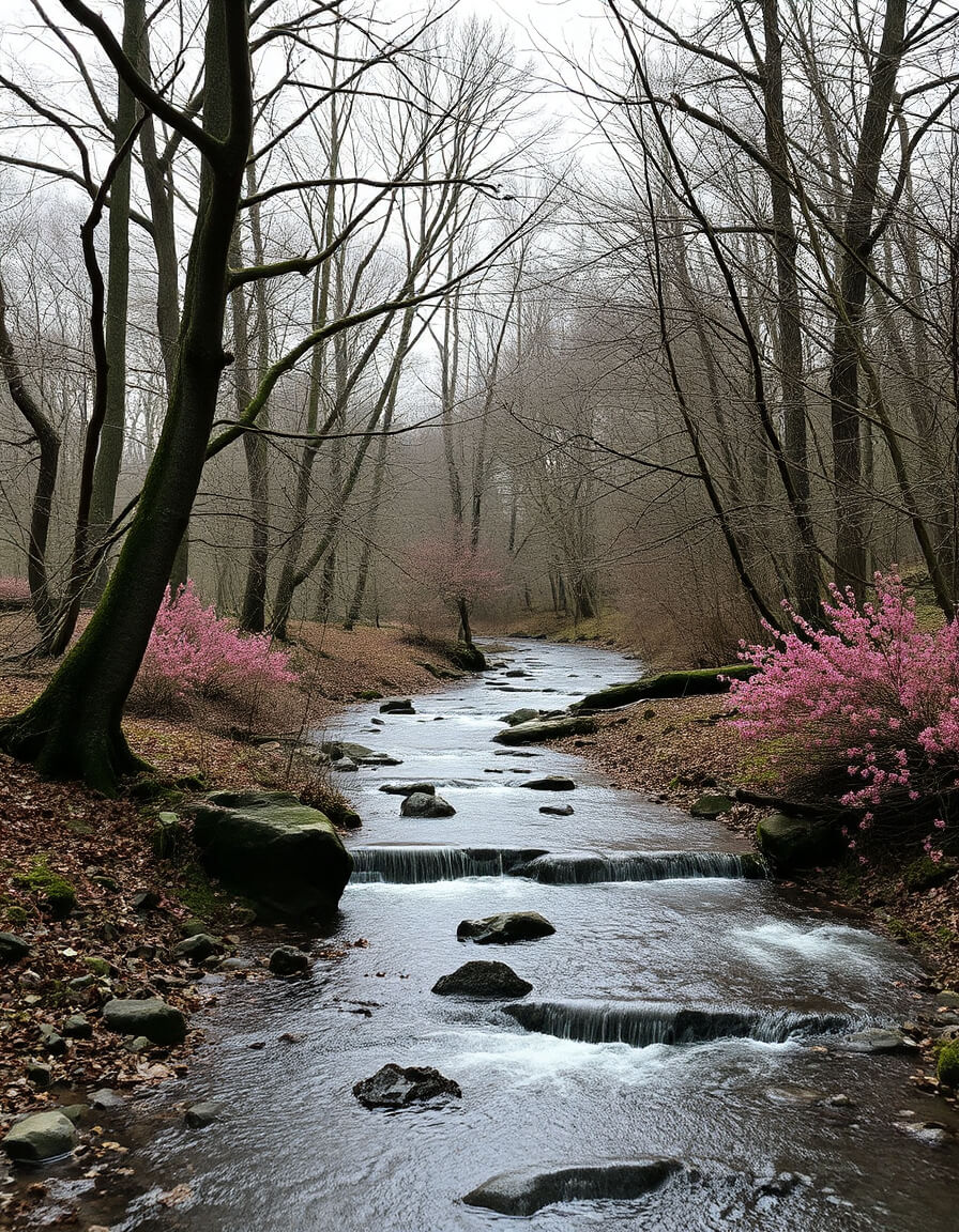 Stream in spring with cherry blossoms