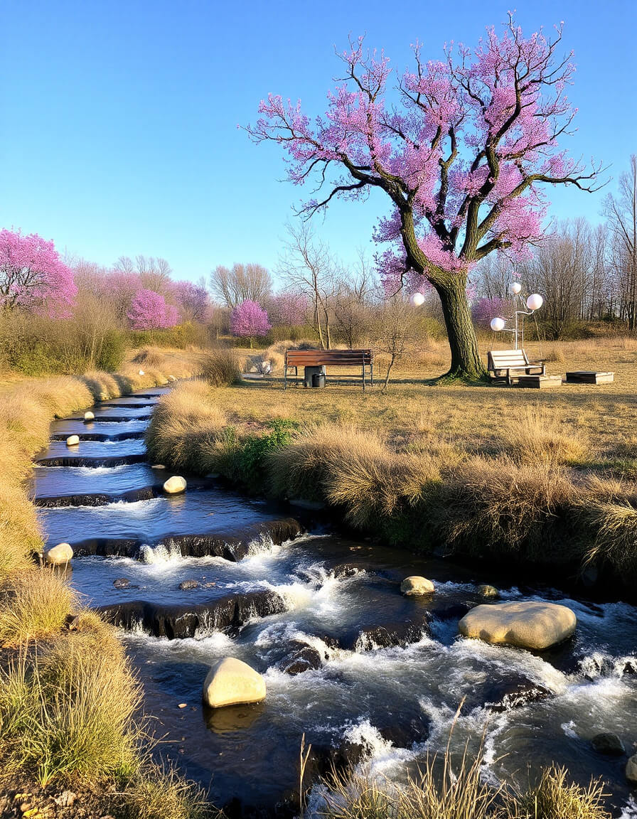 Waterfalls and cherry tree
