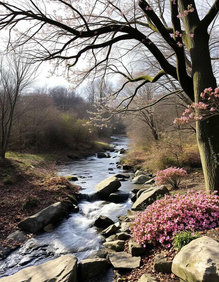 The stream and pink flowers