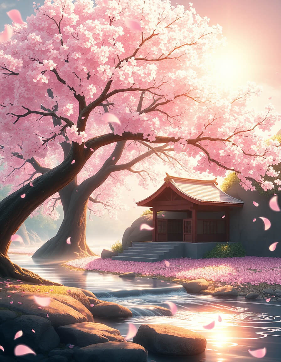 Temple under cherry trees