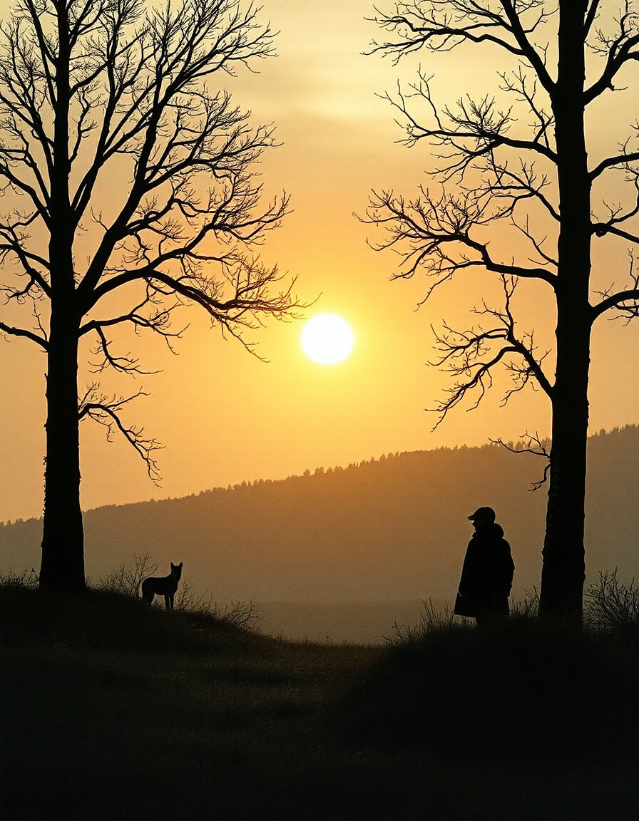 Silhouette of a person and a wolf at twilight