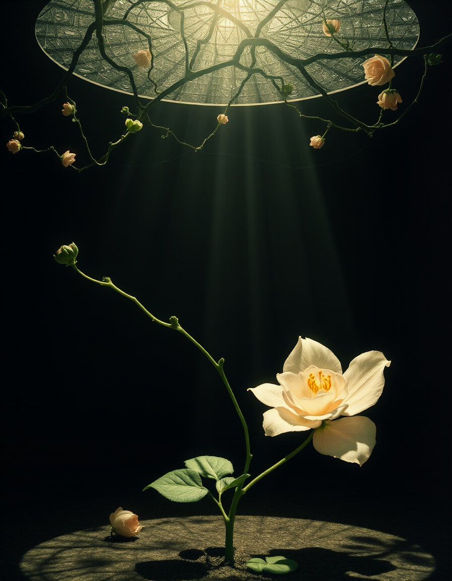 White rose illuminated under an ornate glass dome