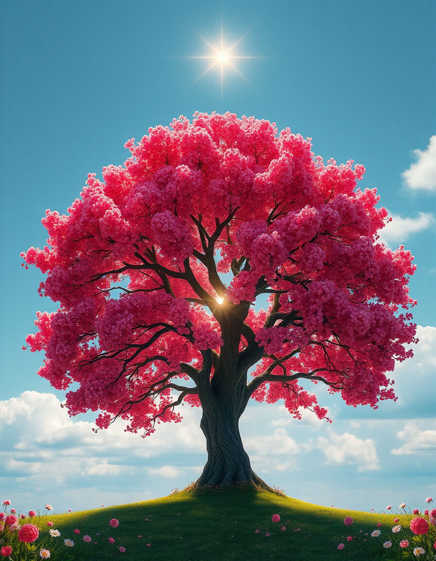Pink cherry tree under the sun, light and refuge