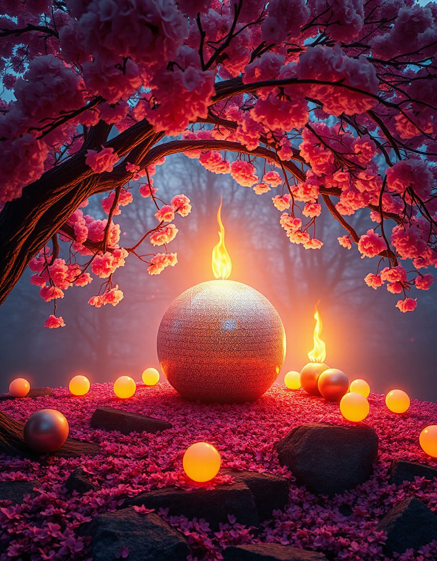 Luminous sphere under cherry blossoms