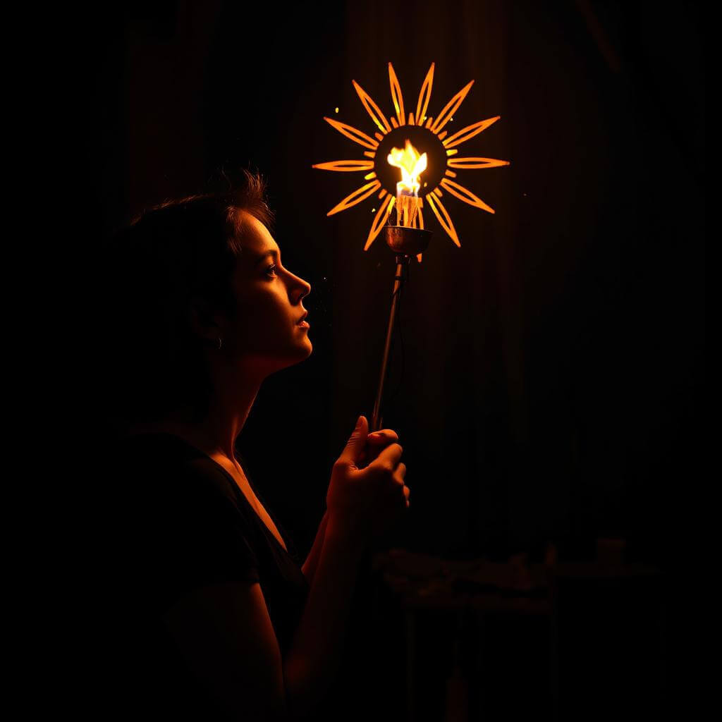 Woman with a solar torch, light in the night, inner quest