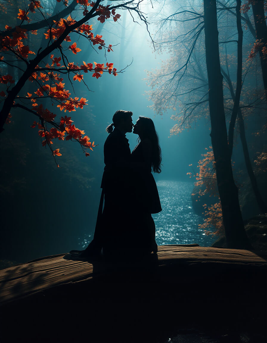 Two loving silhouettes in an autumn-colored forest